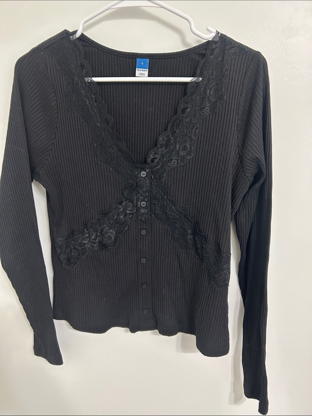 Old Navy Black Ribbed Lace-Trim Button Cardigan